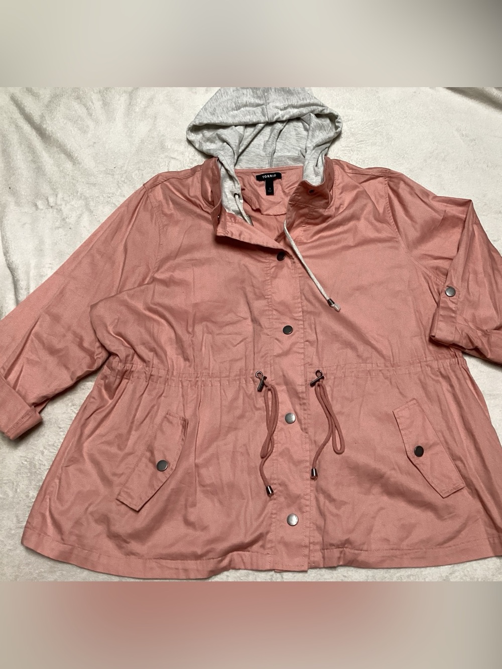 torrid dusty rose hooded utility jacket with gray hood